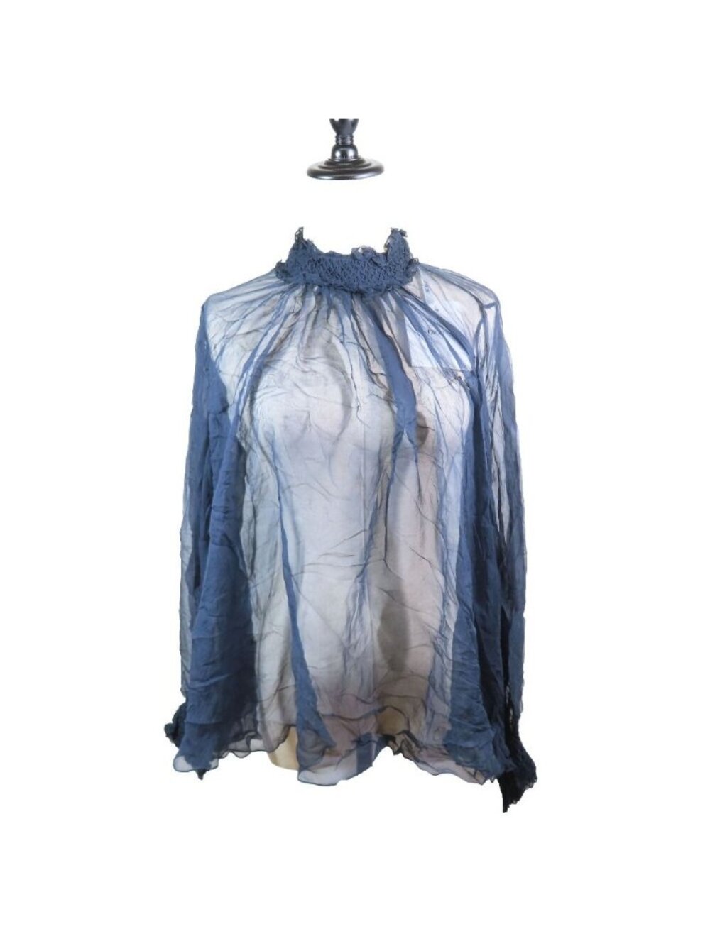 Dior Silk Lace Sheer Shirt Blouse Long Sleeve Top Navy 34